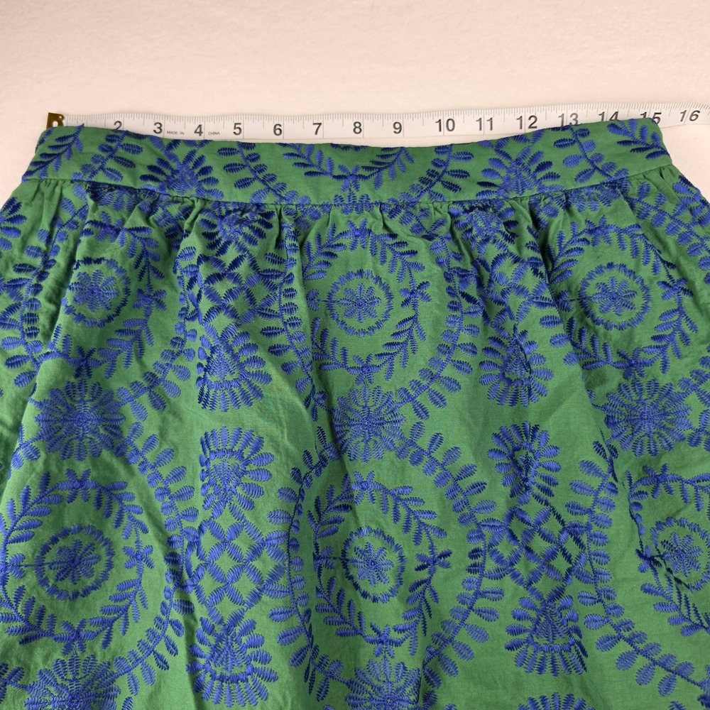 Talbots Petite Green Blue Embroidered Scalloped Hem A-Line Skirt Cotton Size 10P - Picture 7 of 8